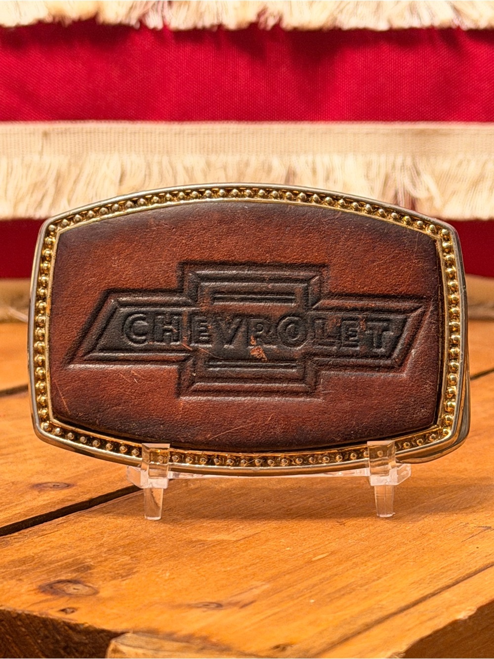 Vintage Chevrolet Chevy Bowtie Brown Leather Belt Buckle